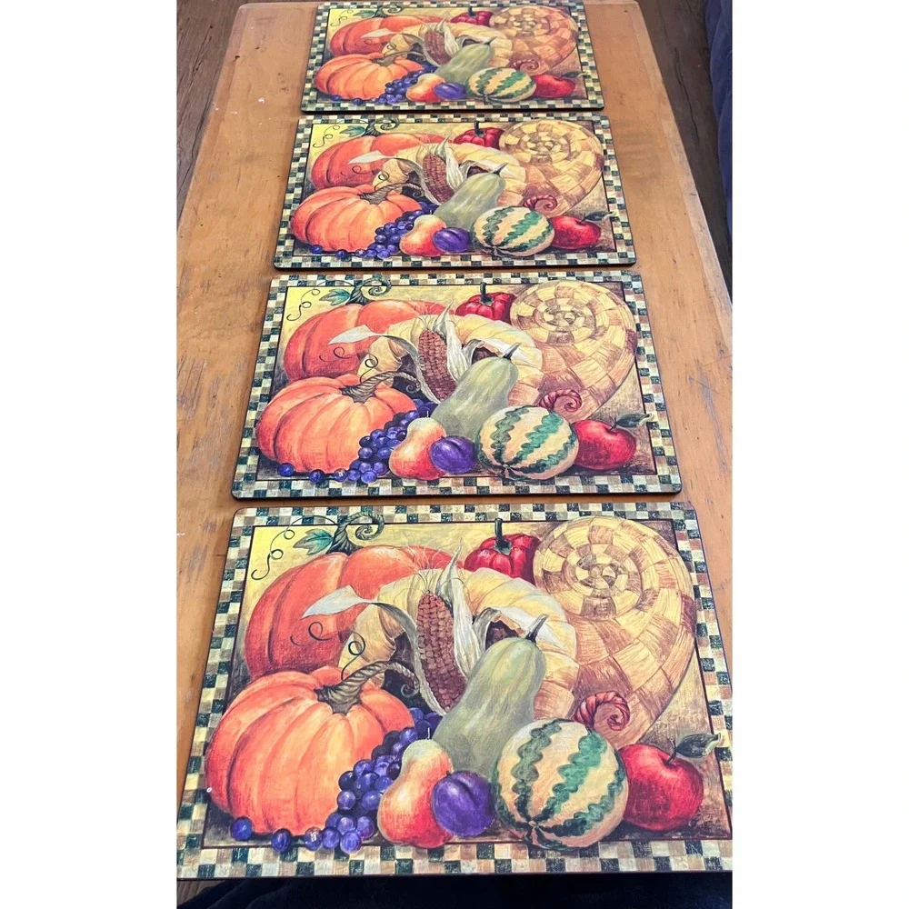 Hardboard Placemat Set 4pc Harvest Pumpkin Cornucopia Fall Decor Cork Backed
